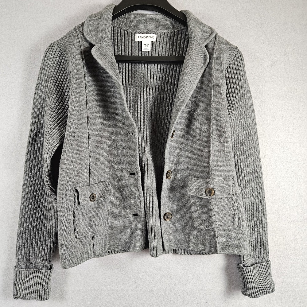Lands End‎ Cardigan Blazer Ribbed Cotton Gray Petite M/P 10-12 - Picture 8 of 13